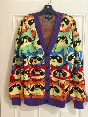 Steady Hands Rainbow Raccoon Cardigan Sweater Size S/M
